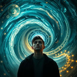 a mesmerizing scene of time travel reflecting the concept of destiny and mystery, featuring a person at the center of a swirling vortex of time, with visual elements representing both the past and the future