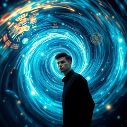 a mesmerizing scene of time travel reflecting the concept of destiny and mystery, featuring a person at the center of a swirling vortex of time, with visual elements representing both the past and the future