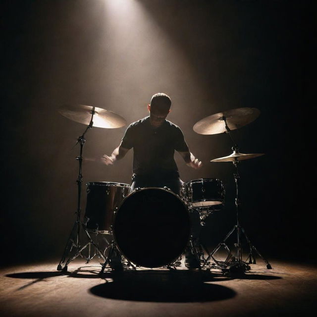 A drummer energetically playing on a drum set, under a spotlight on a dimly lit stage