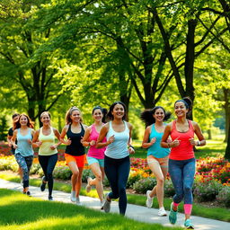 A group of women jogging in a beautiful park