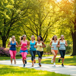 A group of women jogging in a beautiful park