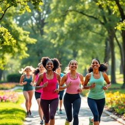 A group of women jogging in a beautiful park