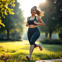 A voluptuous woman with significant curves jogging in a scenic park