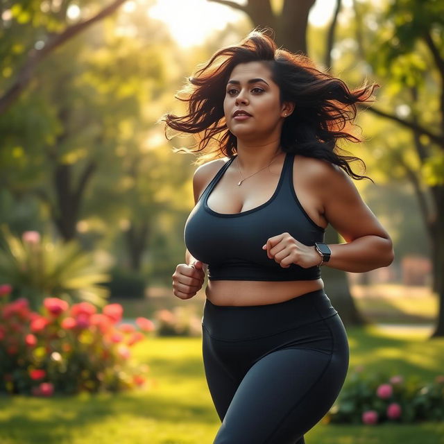 A voluptuous woman with significant curves jogging in a scenic park