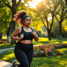 A voluptuous woman with significant curves jogging in a scenic park