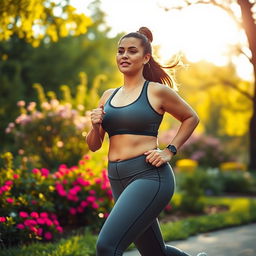 A voluptuous woman with significant curves jogging in a scenic park