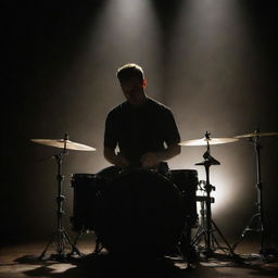 A drummer energetically playing on a drum set, under a spotlight on a dimly lit stage