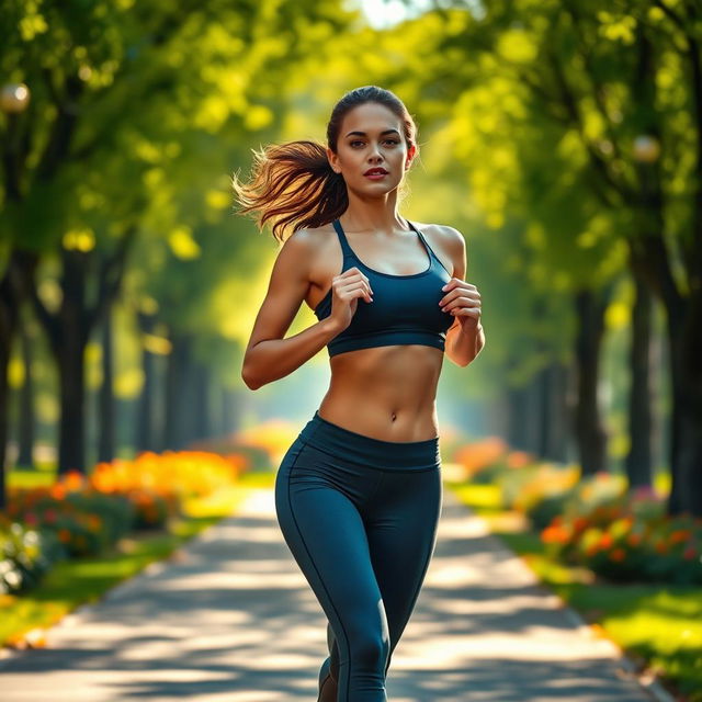 A slim and sexy woman with pronounced curves jogging confidently in a picturesque park