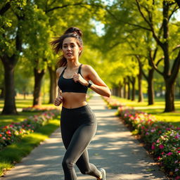 A slim and sexy woman with pronounced curves jogging confidently in a picturesque park