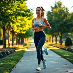 A slim and sexy woman with pronounced curves jogging confidently in a picturesque park
