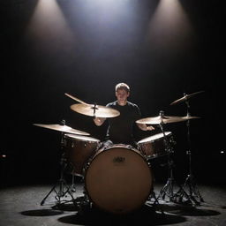 A drummer energetically playing on a drum set, under a spotlight on a dimly lit stage