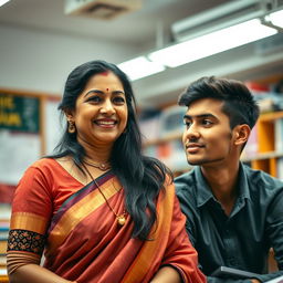 In a beautifully lit classroom, a confident and mature Indian woman with long black hair, wearing traditional teacher attire with a modern twist, is embracing an aura of elegance and authority