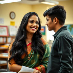 In a beautifully lit classroom, a confident and mature Indian woman with long black hair, wearing traditional teacher attire with a modern twist, is embracing an aura of elegance and authority