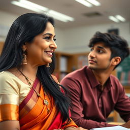 In a beautifully lit classroom, a confident and mature Indian woman with long black hair, wearing traditional teacher attire with a modern twist, is embracing an aura of elegance and authority