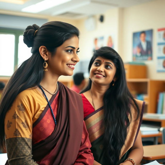 In a beautifully lit classroom, a confident and mature Indian woman with long black hair, wearing traditional teacher attire with a modern twist, is embracing an aura of elegance and authority