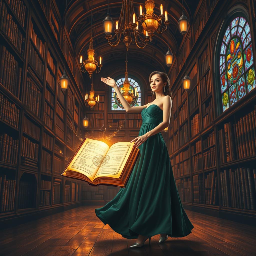 A captivating and artistic book cover featuring a mystical old library with towering bookshelves filled with ancient, leather-bound books