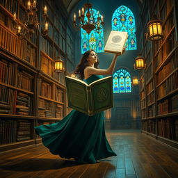 A captivating and artistic book cover featuring a mystical old library with towering bookshelves filled with ancient, leather-bound books