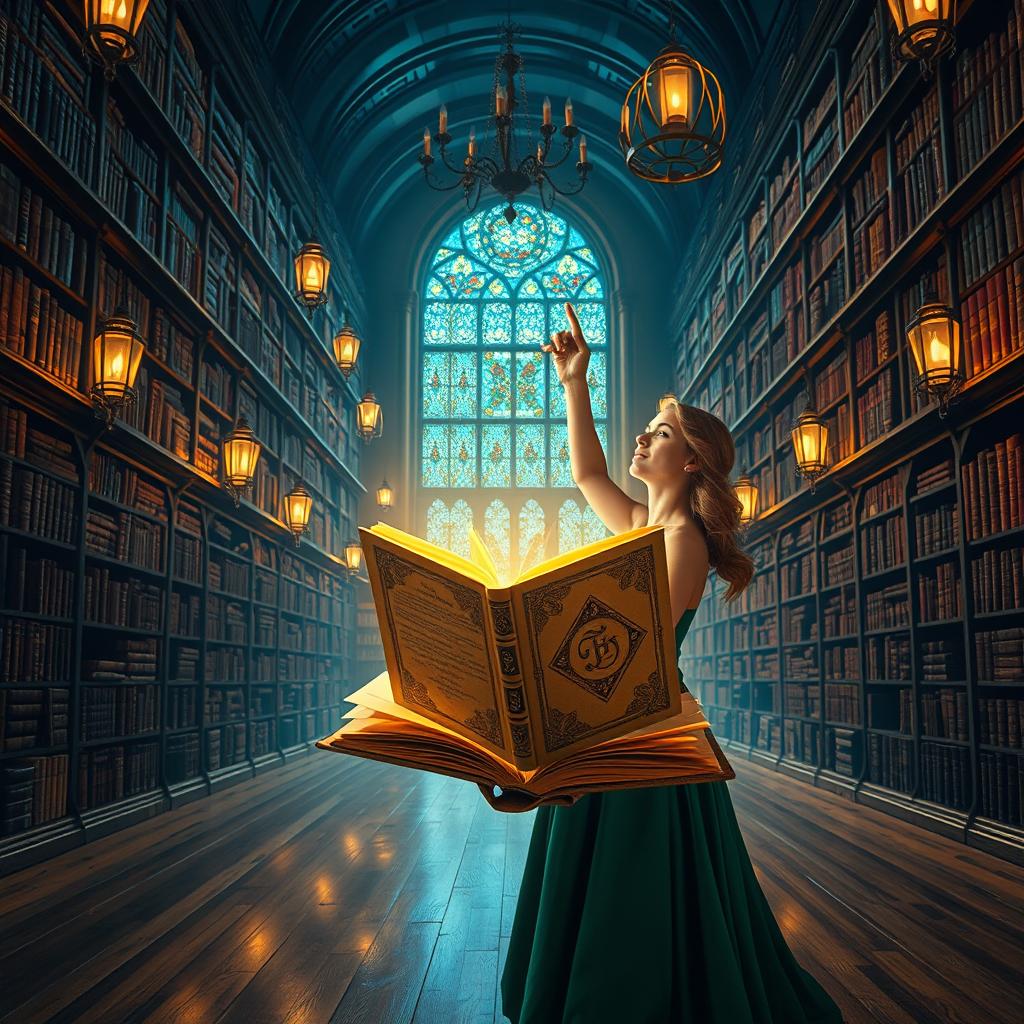 A captivating and artistic book cover featuring a mystical old library with towering bookshelves filled with ancient, leather-bound books