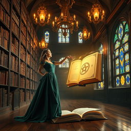 A captivating and artistic book cover featuring a mystical old library with towering bookshelves filled with ancient, leather-bound books