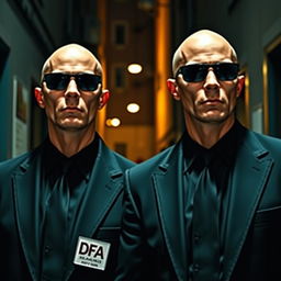 Two secret agents, both bald, wearing black suits and sunglasses