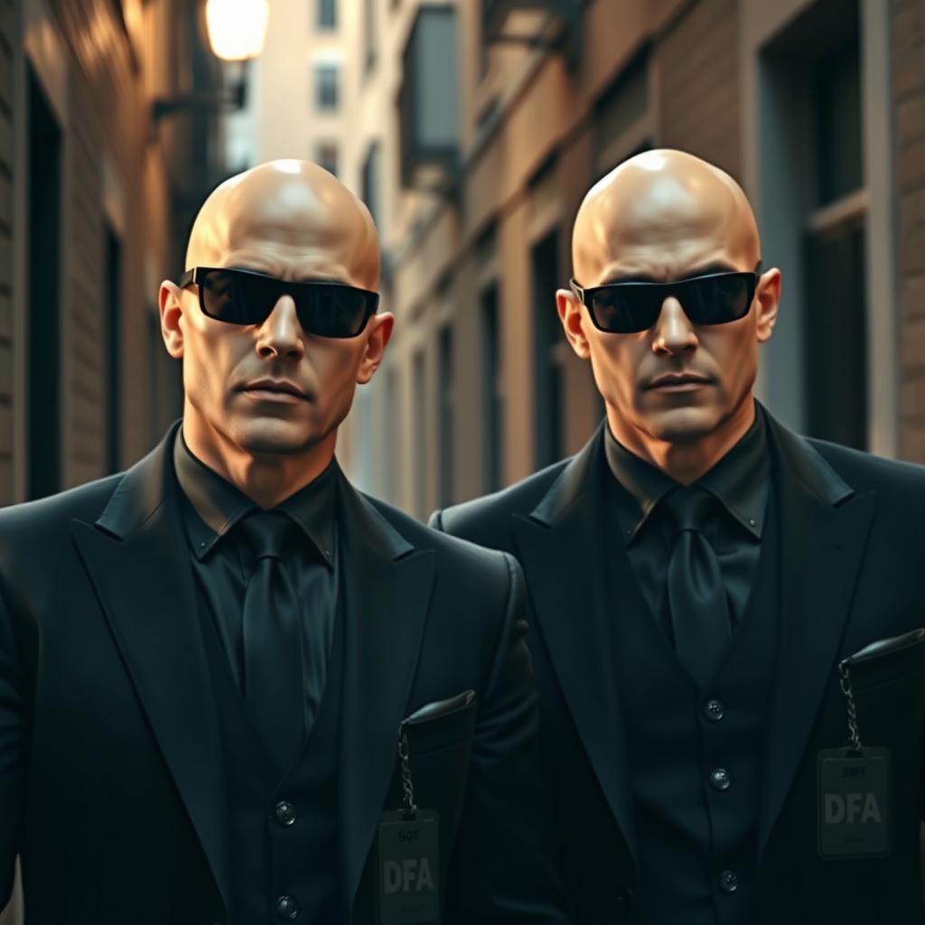 Two secret agents, both bald, wearing black suits and sunglasses