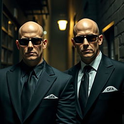 Two secret agents, both bald, wearing black suits and sunglasses