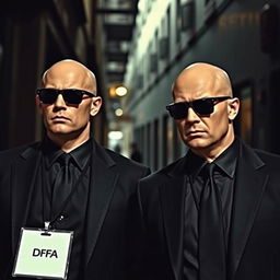 Two secret agents, both bald, wearing black suits and sunglasses