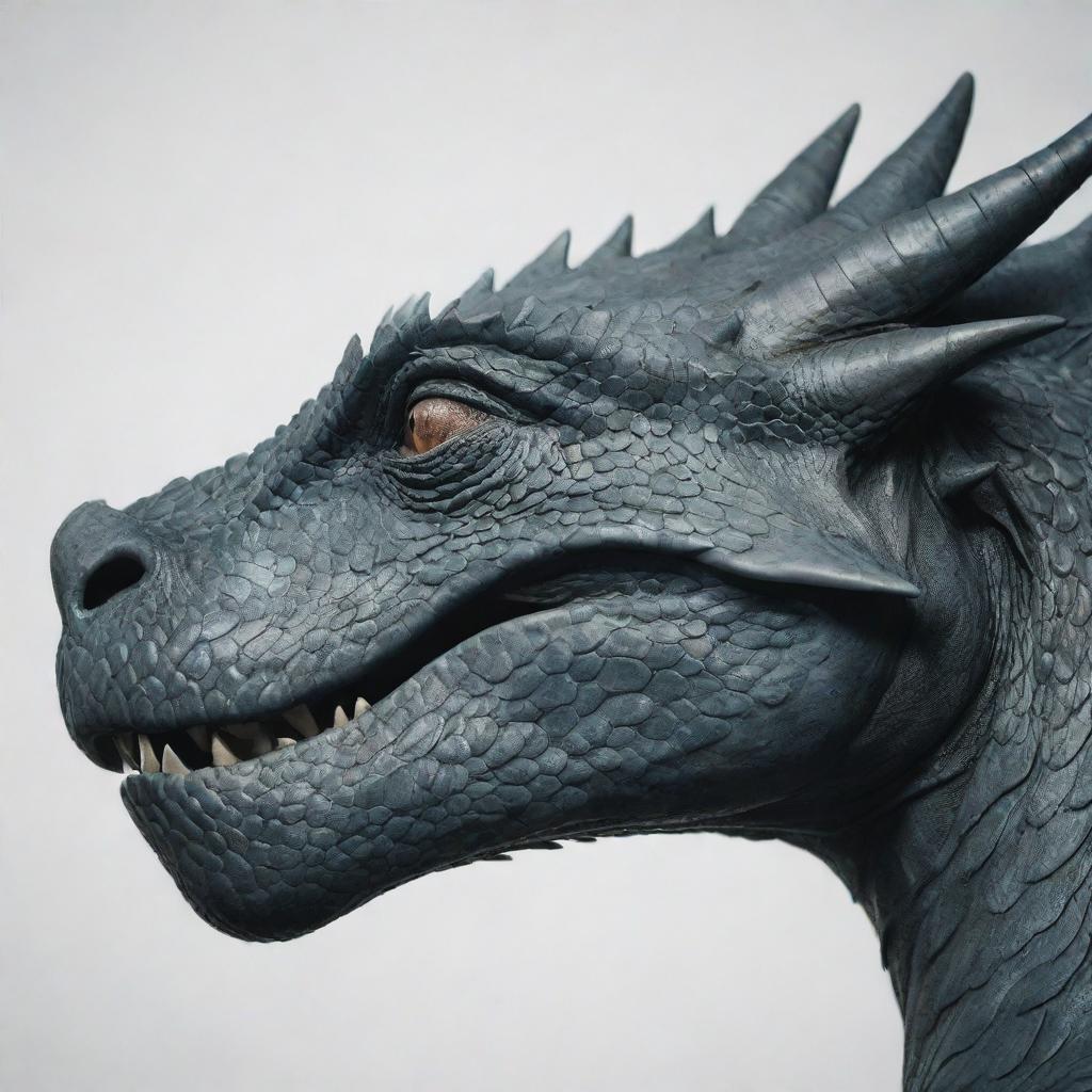 A minimalist close-up of a dragon's face in side profile, positioned off-center to leave the majority of the page intentionally empty. Strong focal points include the dragon's piercing eye and scaly cheek.