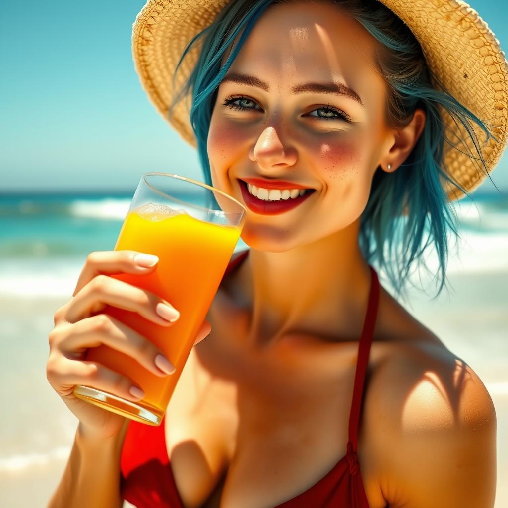 A young, freckled white woman with blue hair enjoying juice on the beach