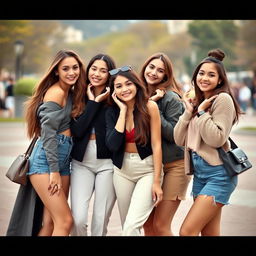 A group of stylish 18-year-old women in a playful and confident pose, showcasing their fashionable attire