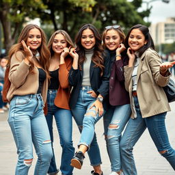 A group of stylish 18-year-old women in a playful and confident pose, showcasing their fashionable attire