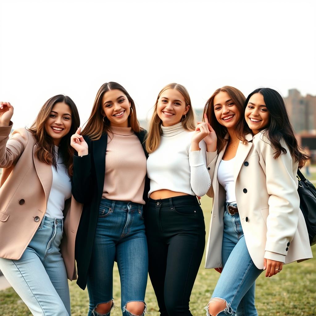 A group of stylish 18-year-old women in a playful and confident pose, showcasing their fashionable attire