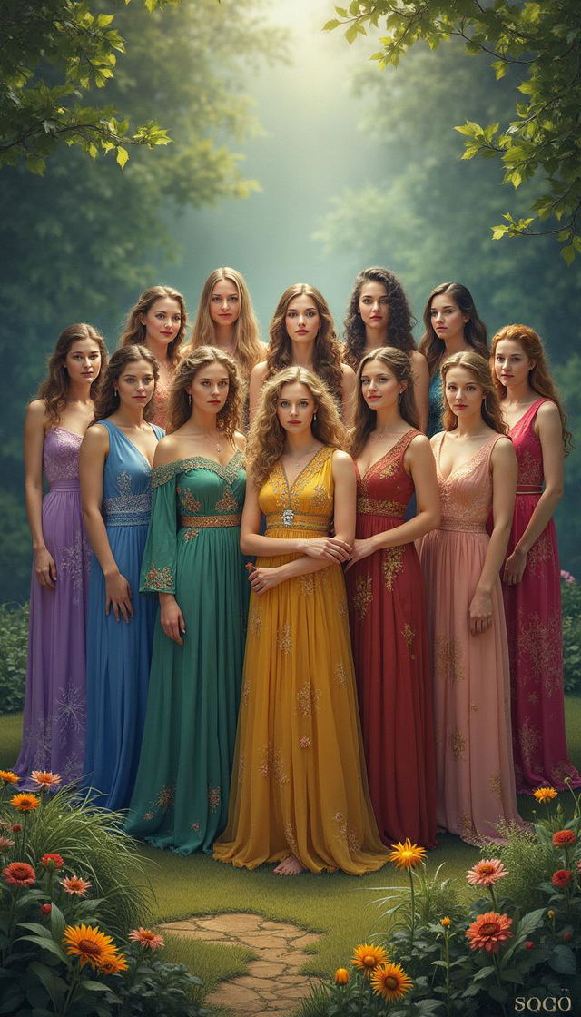 Twelve goddesses, each representing a month of the year, standing in a serene circle in a lush natural setting