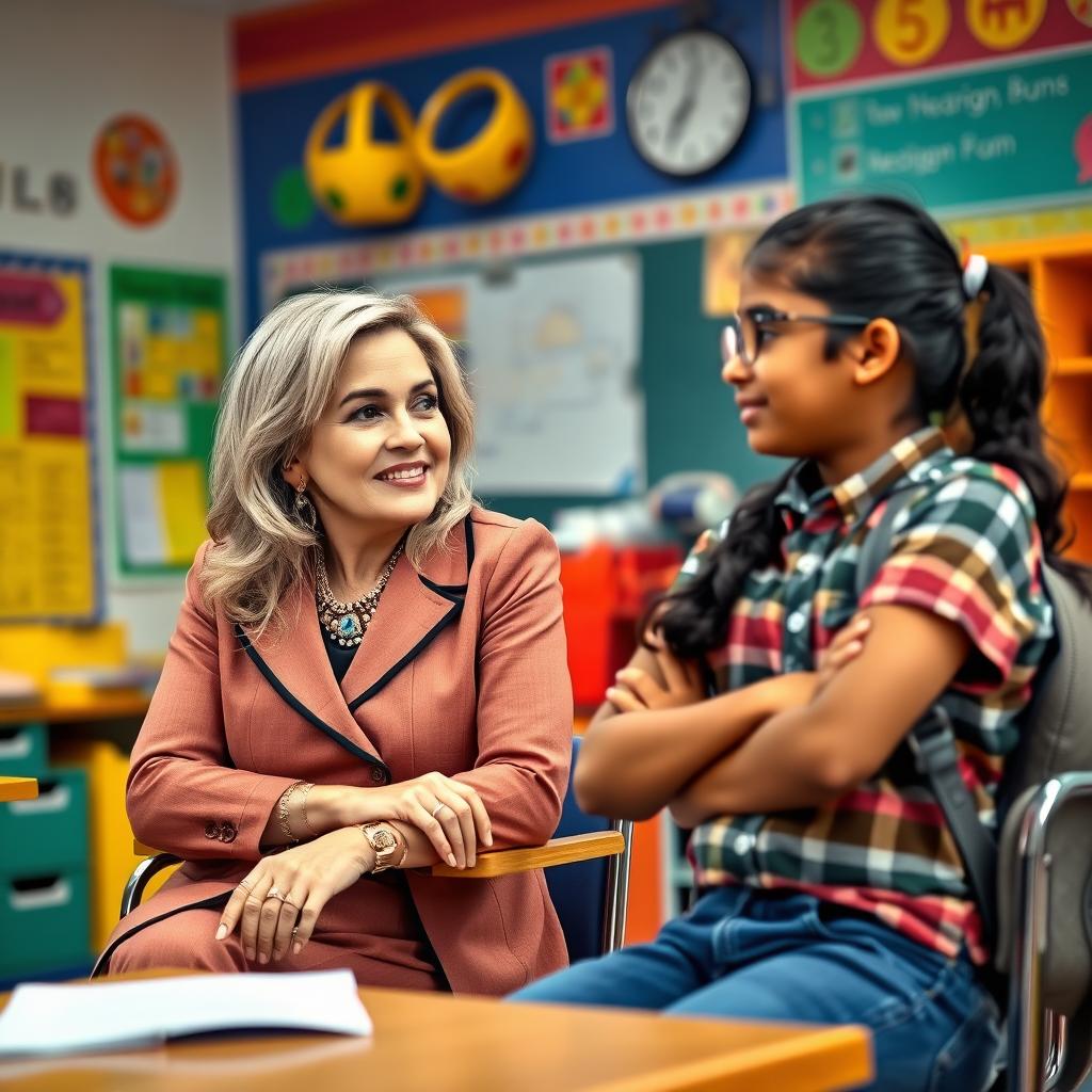 In a vibrant classroom setting, a white woman with an air of confidence and authority, dressed in elegant and professional teacher attire, is seated at her desk