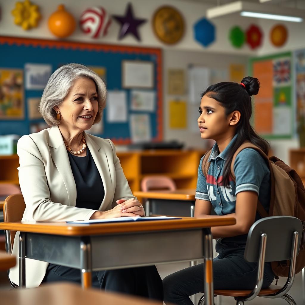 In a vibrant classroom setting, a white woman with an air of confidence and authority, dressed in elegant and professional teacher attire, is seated at her desk