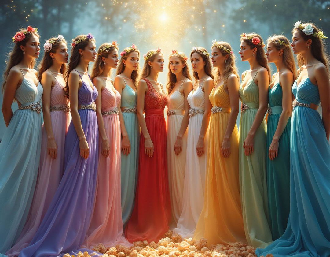 Twelve goddesses, each representing a month of the year, elegantly standing in a circular formation