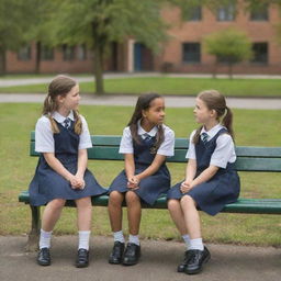 Two schoolgirls engaged in a serious conversation, seated on a park bench with a backdrop of a schoolyard with children at play.