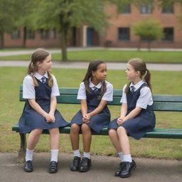 Two schoolgirls engaged in a serious conversation, seated on a park bench with a backdrop of a schoolyard with children at play.