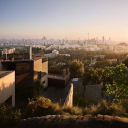 A picturesque house on a hill, with its windows gleaming under the sun, overlooking a bustling city sprawling beneath.