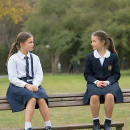 Two schoolgirls engaged in a serious conversation, seated on a park bench with a backdrop of a schoolyard with children at play.