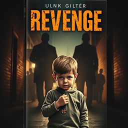 A dramatic and intense book cover depicting a young child standing resolutely in the foreground, their facial expression a mix of determination and sadness, holding a small memento of their parents, like a necklace or photograph