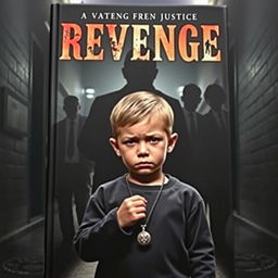 A dramatic and intense book cover depicting a young child standing resolutely in the foreground, their facial expression a mix of determination and sadness, holding a small memento of their parents, like a necklace or photograph