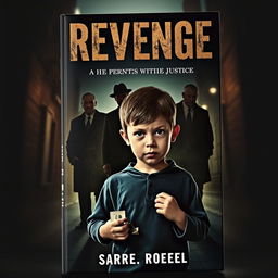 A dramatic and intense book cover depicting a young child standing resolutely in the foreground, their facial expression a mix of determination and sadness, holding a small memento of their parents, like a necklace or photograph