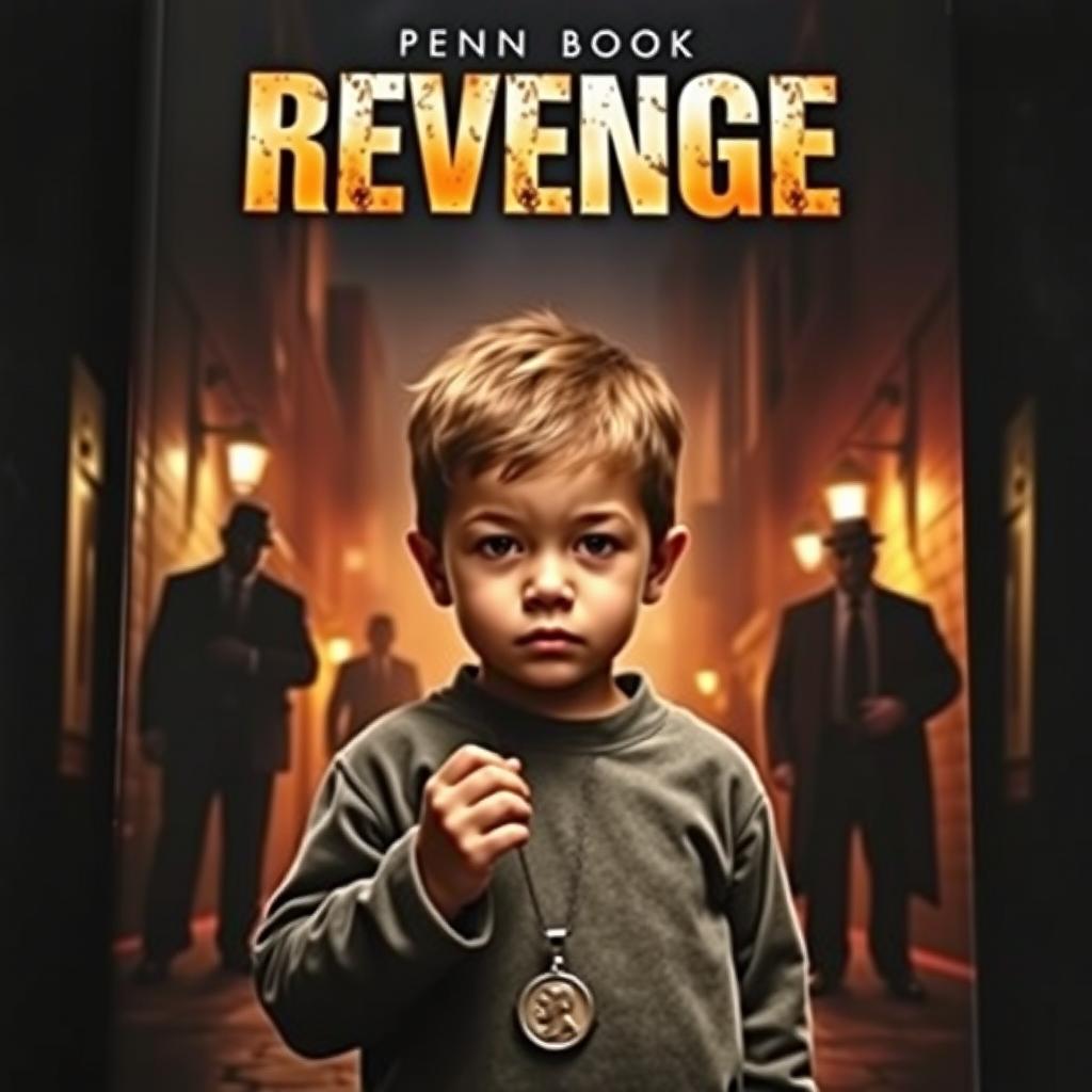 A dramatic and intense book cover depicting a young child standing resolutely in the foreground, their facial expression a mix of determination and sadness, holding a small memento of their parents, like a necklace or photograph