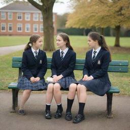 Two schoolgirls engaged in a serious conversation, seated on a park bench with a backdrop of a schoolyard with children at play.