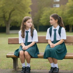 Two schoolgirls engaged in a serious conversation, seated on a park bench with a backdrop of a schoolyard with children at play.