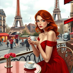 Chloe, the fictional 18-year-old red-haired woman with freckles, is enjoying tea in Paris