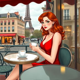 Chloe, the fictional 18-year-old red-haired woman with freckles, is enjoying tea in Paris