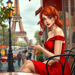 Chloe, the fictional 18-year-old red-haired woman with freckles, is enjoying tea in Paris