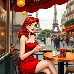 Chloe, the fictional 18-year-old red-haired woman with freckles, is enjoying tea in Paris